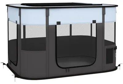 Produktbild von Faltbares Haustier-Laufstall 600D Oxford Netzfenster Bodenpfähle Aufbewahrungstaschen Tragetasche Grau 94 x 74 x 60 cm bis 10 kg