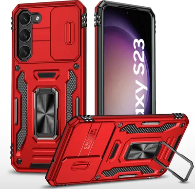 Produktbild von Galaxy S23 Hülle, Schiebe Kamera Schutz und Ringhalter Ständer Dual Layer Stoßfest Schutzhülle für Samsung Galaxy S23