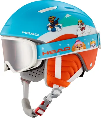 A children's ski helmet and goggles set with Paw Patrol characters.