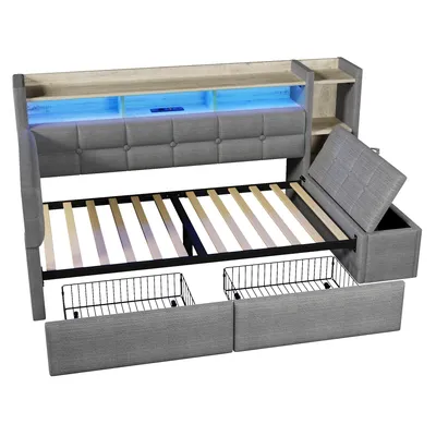 Produktbild von Flieks Schlafsofa Tagesbett 90x190cm mit Hydraulischem Betthocker, Polsterbett Einzelbett mit Ladefunktion und Led, Jugendbett Samt mit Ablage, Dunkel