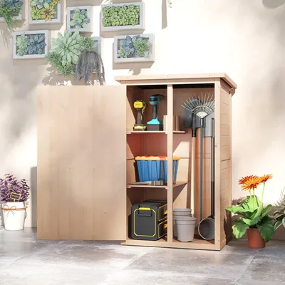 Zdjęcie produktu dla Drewniana szopa ogrodowa Outsunny, odporna na warunki atmosferyczne, szopa na narzędzia 75x56x115 cm, szopa na narzędzia z drzwiami, półkami, szafką na narzędzia, ogrodowa szafka na narzędzia do ogrodu, na patio, na podwórko, na trawnik, do natury