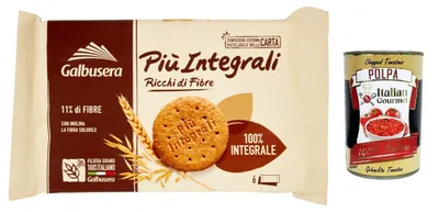 Produktbild von 6x Galbusera PiùIntegrali, 100% ballaststoffreiche Vollkorn kekse, biscuits cookies 330g + Italian Gourmet polpa 400g