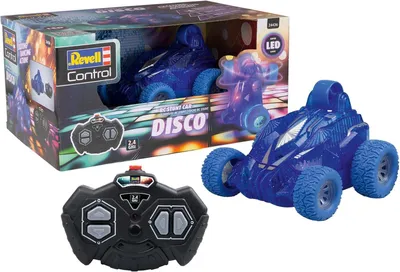 Image de Revell Control RC Voiture Stunt Disco – Voiture stunt télécommandée avec télécommande GHz, lumières disco LED clignotantes, figures acrobatiques avec les roues arrière et unesimple, 13 cm, à partir de 4 ans