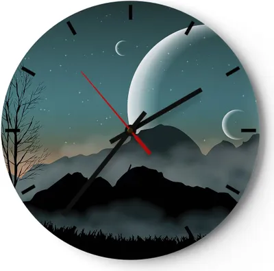 Produktbild von Wanduhr - Rund - Glasuhr - Himmel Nacht Illustration - 40x40cm - Schleichendes Uhrwerk - Lautlos - zum Aufhängen bereit - Dekoration Modern - Wanddekoration aus Glas - C3AR40x40-4143