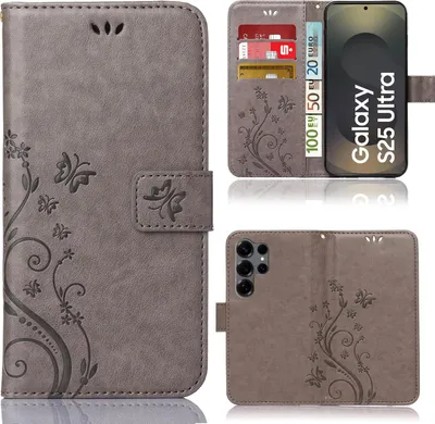 Produktbild von Handytasche für Samsung Galaxy S25 Ultra Schutz Hülle Handyhülle mit Blumenmuster Klapp Hülle mit Standfunktion und Kartenfächer Farbe: Grau