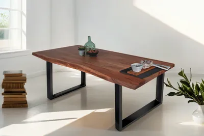 Produktbild von Esstisch Baumkante Akazie massiv Nussbaum 220 x 100 cm U-Gestell schwarz THEA