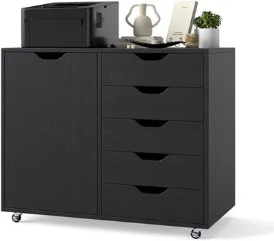 Imagen del producto de Cómoda para habitación de bebé con cinco cajones y ruedas, diseño moderno, 89 cm de largo