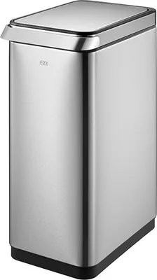 A studio shot of a stainless steel trash can with a black base and lid.