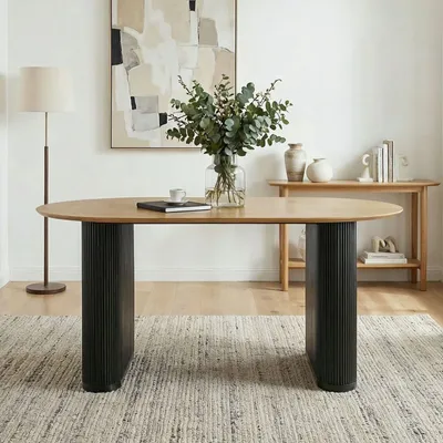 Produktbild von Esstisch MAXIM schwarz/eicheoptik - moderner Tisch 160 x 90 cm, design Küchentisch oval mit Säulenbeinen und Lamellen, Esszimmertisch für 6 Personen