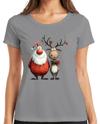 Produktbild von Lustiger Weihnachtsmann und Rentier Cartoon Weihnachten Geschenk Damen T-Shirt, Grau, M