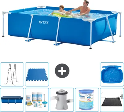 Produktbild von Intex-Schwimmbecken mit rechteckigem Rahmen – 260 x 160 x 65 cm – Blau – im Lieferumfang enthalten Abdeckung - Wartungspaket - Filterpumpe für Schwimmbad - Filter - Solarmatte - Leiter