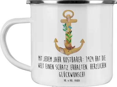 Produktbild von Mr. & Mrs. Panda Emaille Tasse 1924 Geburtstag - Weiß - Geschenk, besondere Geschenke, geschichtsträchtige, Geburtstagsfeier, Happy Birthday, Glückwunsch, Reisebecher