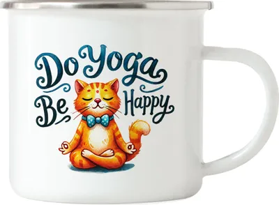 Produktbild von Do Yoga Be Happy Emaille-Tasse Geschenkidee für Yoga-Fans und Katzenliebhaber Entspannung und Achtsamkeit