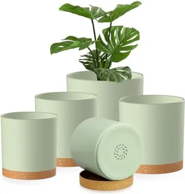 Produktbild von 5 Packs Blumentopf mit Untersetzer, 17.8/15.2/14/12.7/10.2cm Pflanzentopf, Plastik Übertopf, Hydrokultur Topf, Blumentöpfe Set Ideal für Innen und Balkongärten, Grün mit braunes Tablett