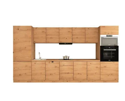 Produktbild von Küchenzeile 420 cm mit Mikrowellenumbauschrank Küchenblock Kühlumbauschrank Ohne Arbeitsplatte Einbauküche, Langen KL12-M420, Artisan Eiche