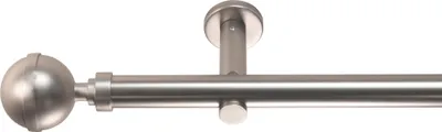 A close-up view of a single curtain rod with a spherical finial.