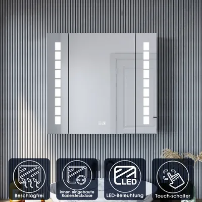 Produktbild von SONNI Spiegelschrank 60 × 65cm Spiegelschrank mit Beleuchtung und Steckdose beschlagfrei LED Spiegelschrank mit Touch Aluminium