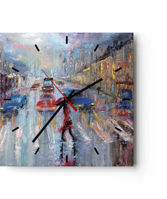 Produktbild von Wanduhr - Quadrat - Glasuhr - Acryl Stadt Regen - 30x30cm - Schleichendes Uhrwerk - Lautlos - zum Aufhängen bereit - Dekoration Modern - Wanddekoration aus Glas - C3AC30x30-4251