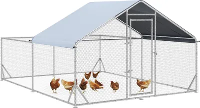 Produktbild von PawHut kurnik z wybiegiem, 400 x 300 x 195 cm klatka dla kurczaków, wybieg dla kurczaków z dachem chroniącym przed słońcem, zamek, kurnik dla kurczaków, królików, stal, srebrny