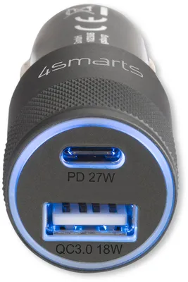 Immagine prodotto di caricabatterie da auto 4smarts Rapid+ con Quick Charge e PD 27W nero.