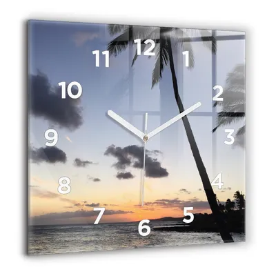 Produktbild von Wallfluent Große Wanduhr – Stilles Quarzuhrwerk - Uhr Dekoration Wohnzimmer Schlafzimmer Küche - Zifferblatt - weiße Zeiger - 60 cm - Palme und Sonnenaufgang