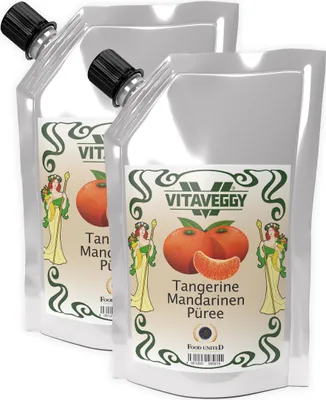 Produktbild von VITAVEGGY Früchte-Püree MANDARINE 2x1kg ohne Aroma- Farb- & Konservierungsmittel von Food-United, Mandarinenpüree für Obstbrei & Obsmus oder als Mandarinensaft Mandarinen-Smoothie oder für Desserts Sorbets Torten Kuchen, GVO-Frei Glutenfrei & 100%