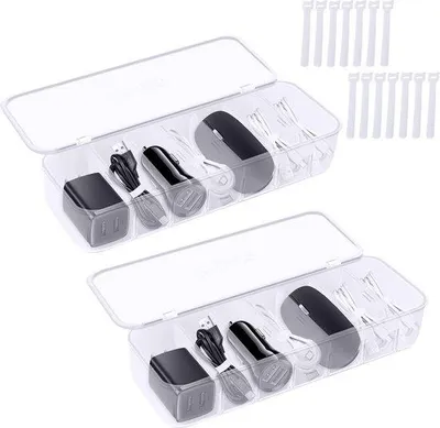 Immagine prodotto di Scatola trasparente per la gestione dei cavi, set da 2 pezzi, contenitore in plastica a 7 scomparti per l'ufficio e la casa