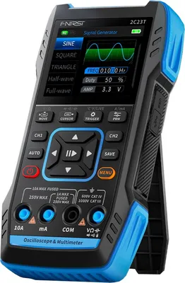 A digital multimeter and oscilloscope is shown on a white background with its kickstand extended.