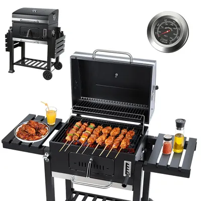 Produktbild von Izrielar Holzkohlegrill, Smoker mit zwei klappbaren Seitenablagen, BBQ Grillwagen, Standgrill mit Temperaturanzeige