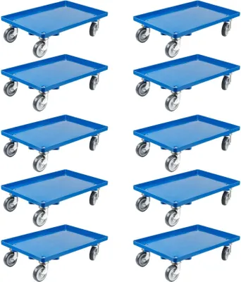 Produktbild von SparSet 10x Transportroller für Euroboxen 60x40cm mit Gummiräder blau | Geschlossenes Deck | 2 Lenkrollen & 2 Bockrollen | Traglast 300kg | Kistenroller Logistikroller Rollwagen Profi-Fahrgestell