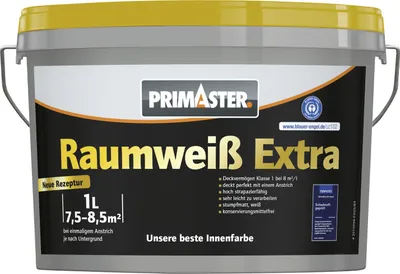Produktbild von Primaster Raumweiß Extra Wandfarbe matt weiß konservierungsmittelfrei 1 L