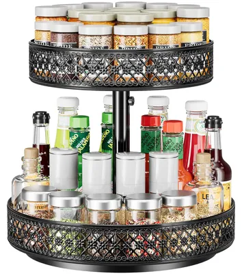Produktbild von Drehbarer Gewürzständer (Lazy Susan) – 2 Etagen, 360° drehbar, Metalltablett, Blumenständer, 30 cm, schwarz