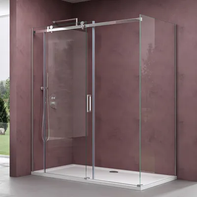 A modern shower cabin with a sliding glass door, installed in a bathroom with a textured purple wall.