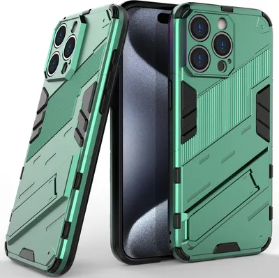 Produktbild von Armor Hülle für iPhone 15 Pro Max, Hybrid PC TPU Bumper Stoßfestes Schutzhülle mit Standfunktion Grün