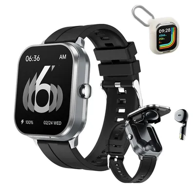 A smartwatch with attached earbuds and a charging case, presented on a white background.
