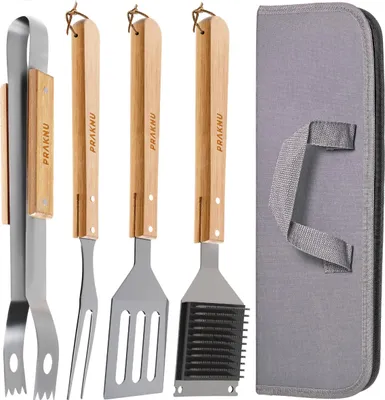 Immagine prodotto di Set di posate da barbecue con manici in legno - Con borsa di trasporto Resistente al calore e alla ruggine
