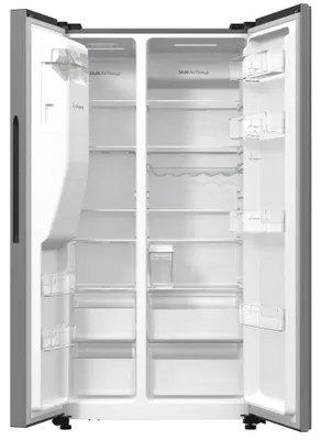 Produktbild von Hisense Freistehend Side-by-Side-Kühlschrank, Edelstahl, 566 l, Freistehend, Amerikanische Tür, Grau, 2 Tür(en), Berührung, LED