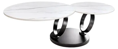 Image de Table basse SOLYNE 133 cm blanche effet marbre avec plateaux rotatifs et structure noire mate
