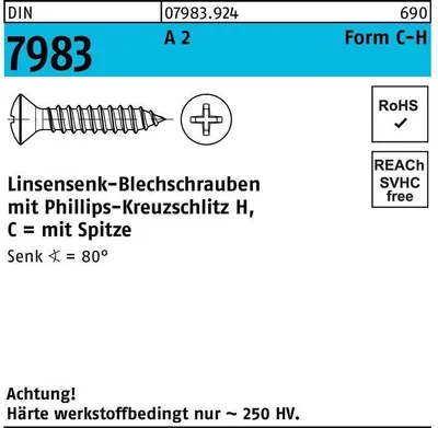 Produktbild von Reyher  Linsensenk-Blechschr. DIN 7983 A 2 4,2 x 45 -C-H A 2 (500 Stück)