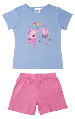 Produktbild von Peppa Wutz Schlafanzug für Mädchen Kinder Pyjama Set Kurzarm Oberteil mit Hose Blau/Pink 98-104