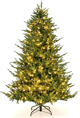 A green artificial Christmas tree with warm white LED lights, standing on a black metal stand against a white background.