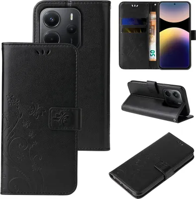 Produktbild von Handyhülle für Xiaomi Redmi Note 14 Pro Floral Blumen Schmetterling Flip Cover Hülle Case Klapphülle Handytasche Farbe: Schwarz