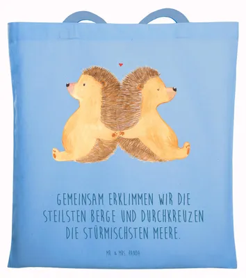 Produktbild von Mr. & Mrs. Panda Tote Bag Igel händchenhaltend - Sky Blue - Geschenk, Verknallt, Love, Uni Tasche, Lieblingsmensch, Shopping, Paar, Schultasche, Liebe, Hochzeit, Beutel
