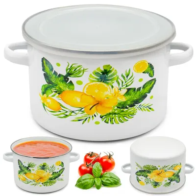 Zdjęcie produktu dla Garnek z Pokrywką 1,3L Emaliowany Garnuszek na Zupy Kuchenny Cytryny 14cm