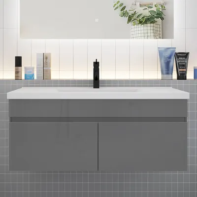 Produktbild von Badmöbel HUTI-Serie 100cm Hochglanz Dunkelgrau Keramik Waschtisch mit Unterschrank Hängeschrank Badezimmermöbel mit 2 Türen