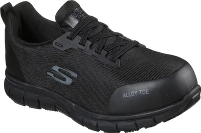 A black work shoe with an alloy toe.