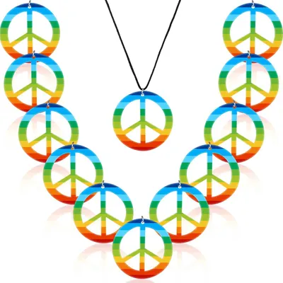 Produktbild von 12 Regenbogen-Friedens-Halsketten, Friedenszeichen-Halsketten, Accessoires für Kostüme, Kunststoff