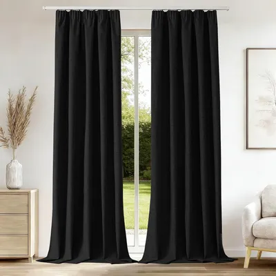 Immagine prodotto di Tende oscuranti con passamaneria a pieghe - 100% oscuranti - 2 pezzi, effetto lino - Adatte per soggiorno, camera da letto, cameretta - Sistema a binari