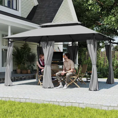 Produktbild von Gartenpavillon 4x3 m Doppeldach wasserabweisend, Pavillon 6 Seitenteile Metallpfosten, Dunkelgrau | 397x297x273 cm | 12 Personen | 24 kg