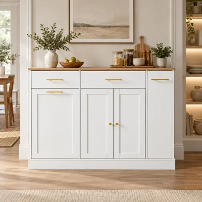 Immagine prodotto di Isola da cucina MODFU con piano di lavoro pieghevole, mobile da cucina con vano per il cestino, bancone con ripiano laterale estraibile e ampio spazio di stoccaggio, bianco e legno naturale
